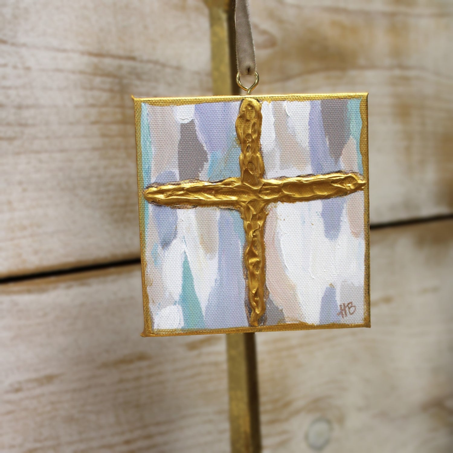 Pale Blue/Gold Handpainted Cross Canvas Ornament
