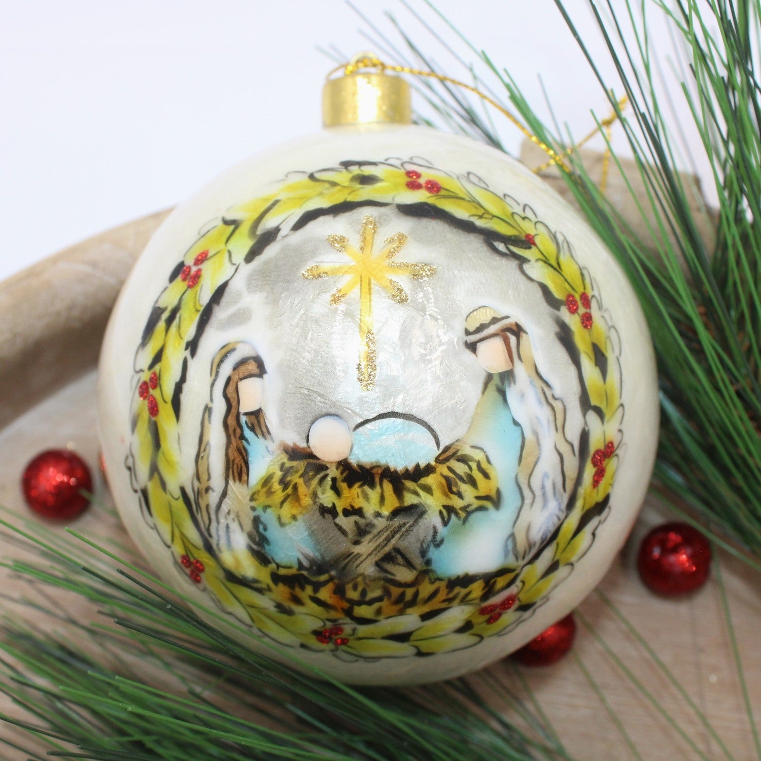 Holy Family with Holly Wreath Handpainted Capiz Ball Ornament