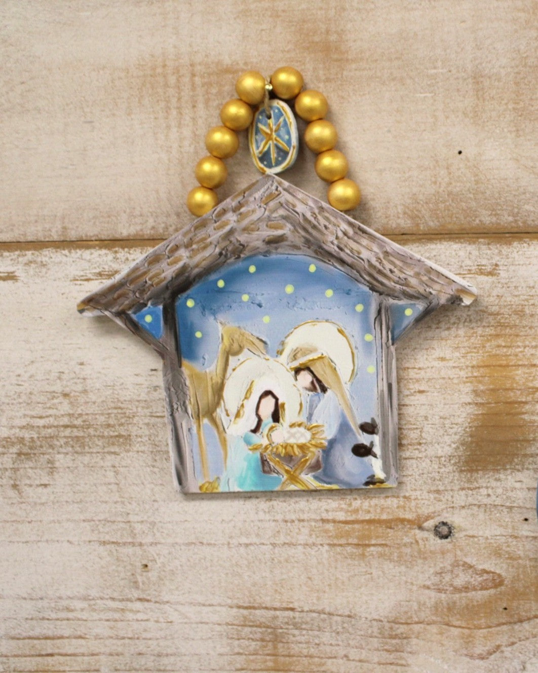 Night Sky, Beaded Star Dangle Cutout Nativity Ornament