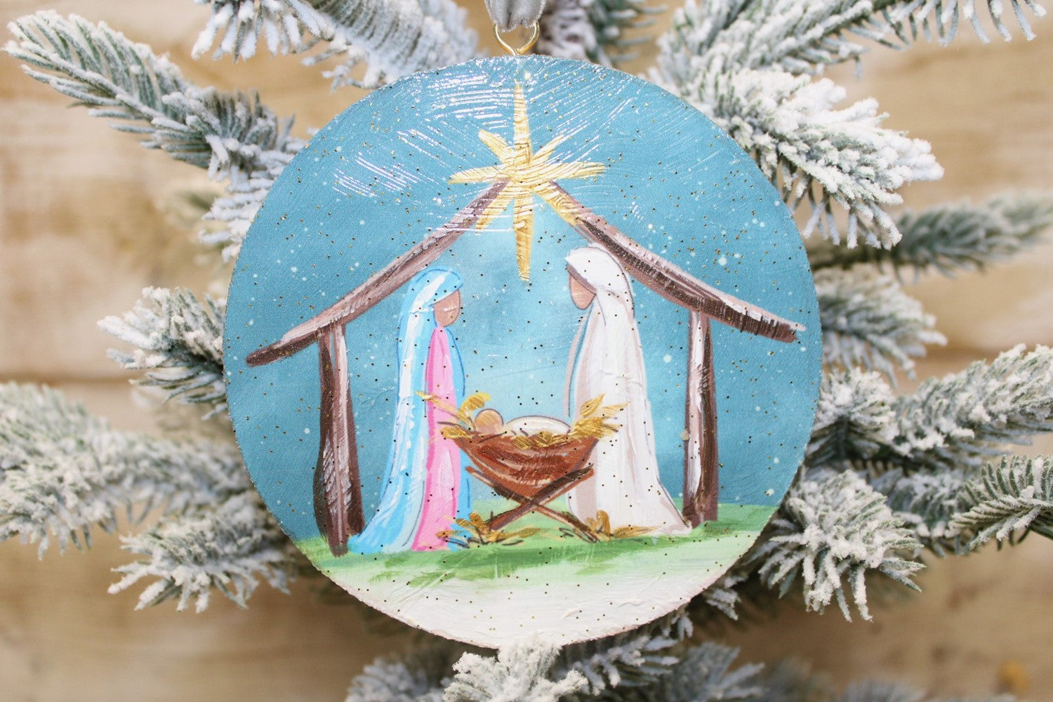 Colorful Nativity with Gold Glitter Hand Embellished MDF Ornament