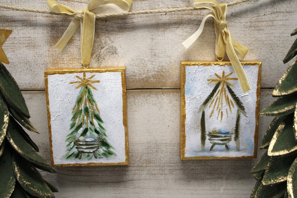 Hand Embellished Nativity Canvas Ornament with Gold Glitter