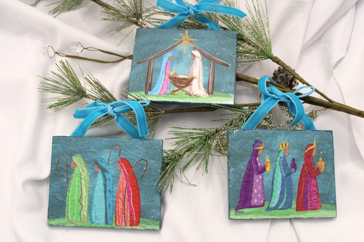 Colorful Nativity Textured Paper Ornament | Set of 3