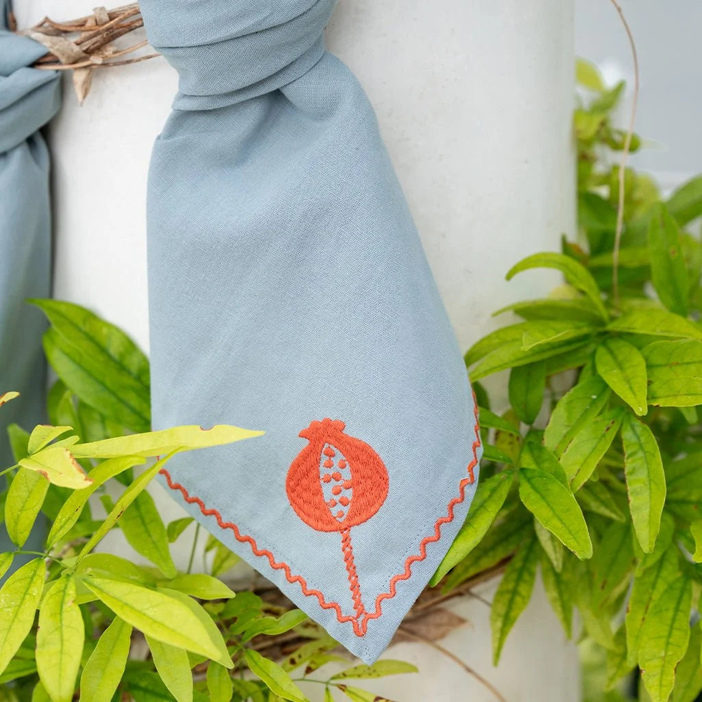 Pomegranate Crewel Slate Blue & Poppy Napkins | Set of 4