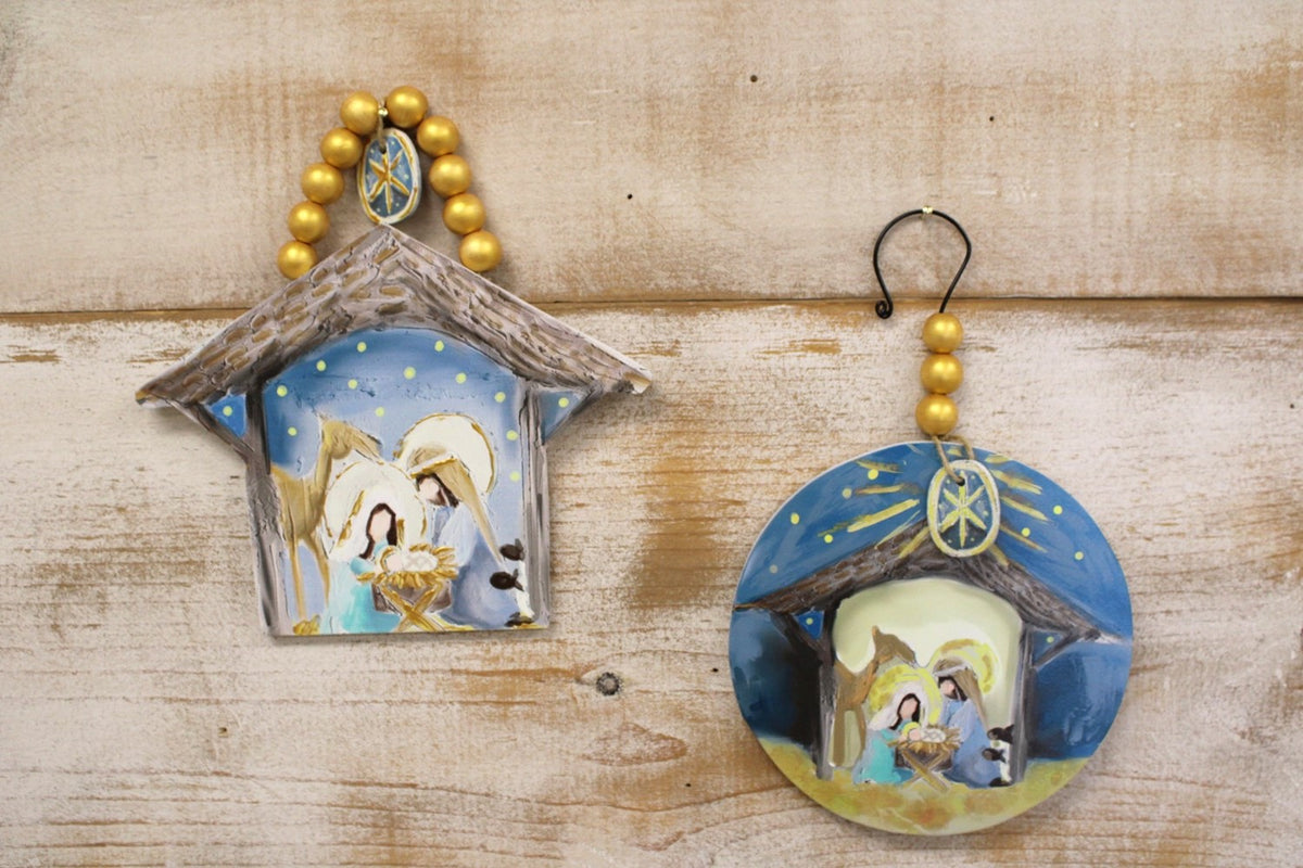 Night Sky, Beaded Star Dangle Cutout Nativity Ornament