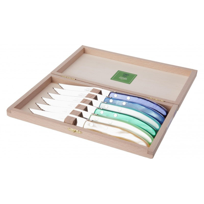 Berlingot Box of 6 Steak Knives | mixed blue-green handles
