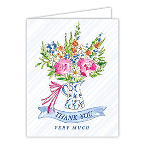 Handpainted Thank You Very Much Flowers in Blue Pitcher Greeting Card