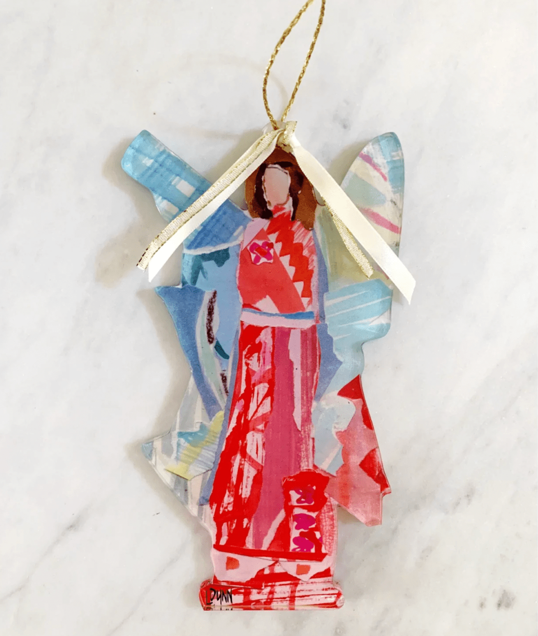 "Good News" Acrylic Angel Ornament- Red with Blue Wings