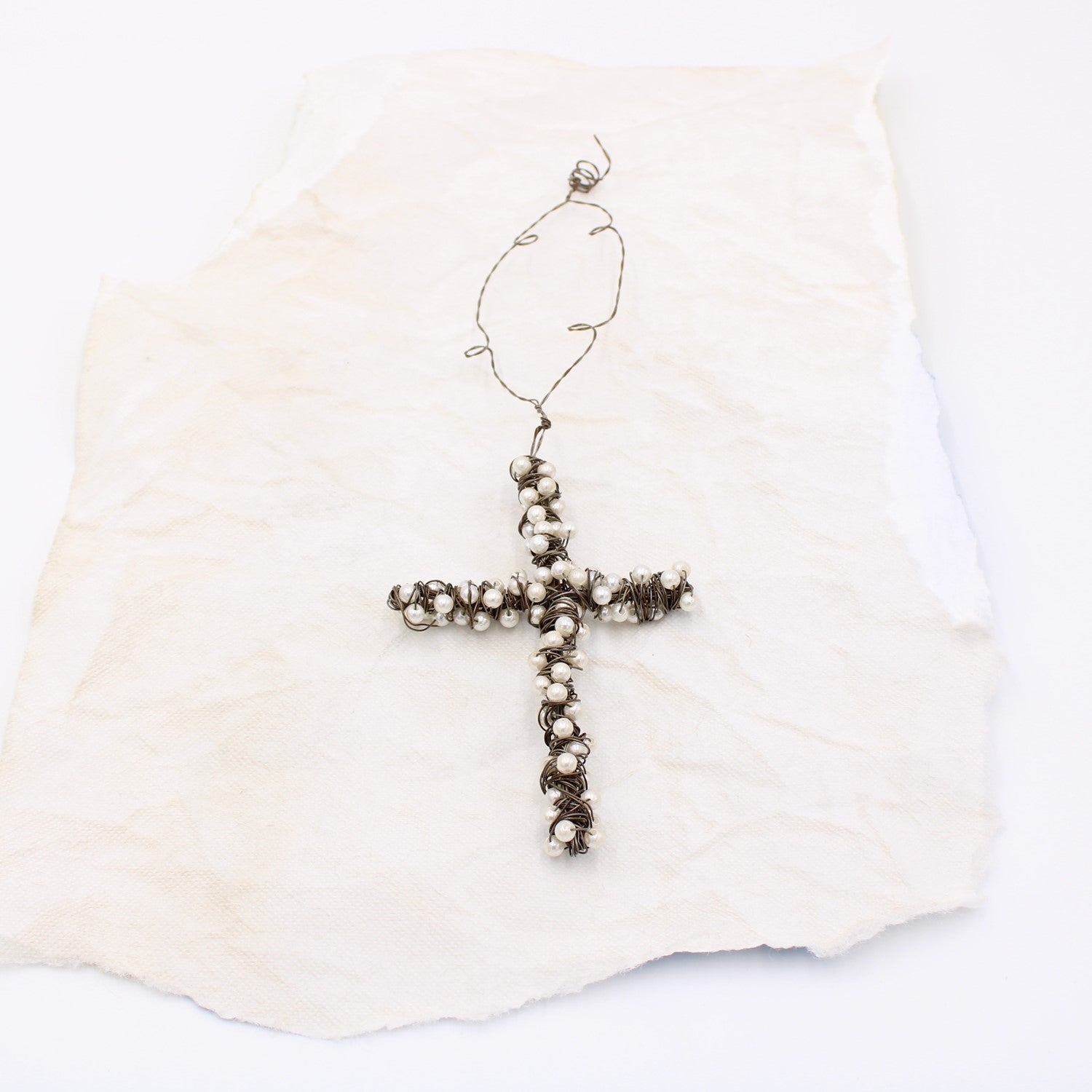 6" Wire Cross with Pearls, Ornament