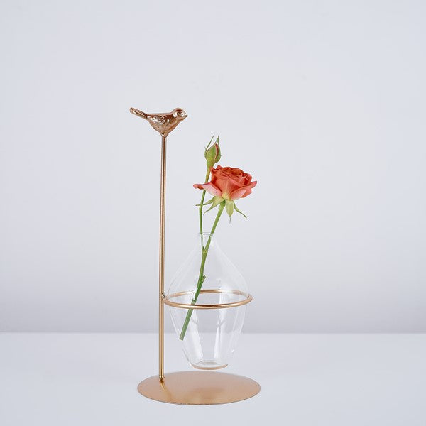 4X9" Test Tube Vase Gold Metal Bird
